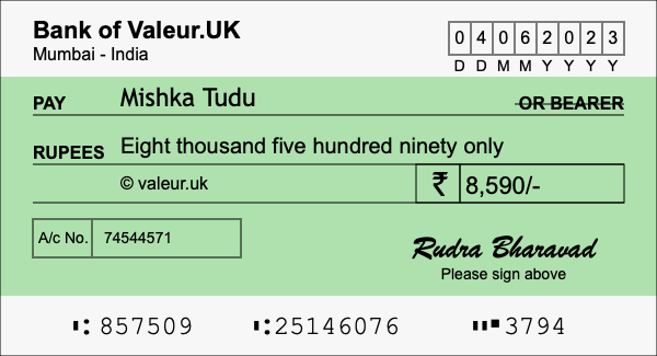 How to write a cheque for 8,590 rupees