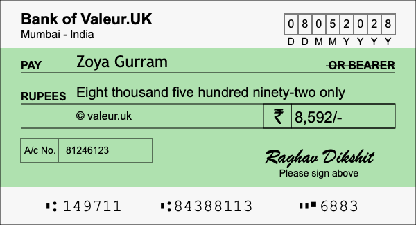 How to write a cheque for 8,592 rupees