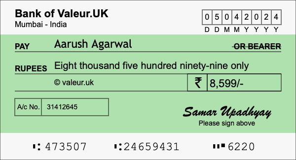 How to write a cheque for 8,599 rupees