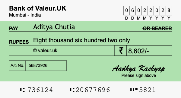 How to write a cheque for 8,602 rupees