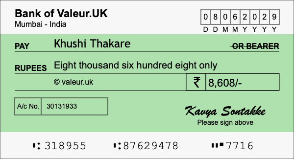 How to write a cheque for 8,608 rupees