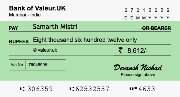 How to write a cheque for 8,612 rupees