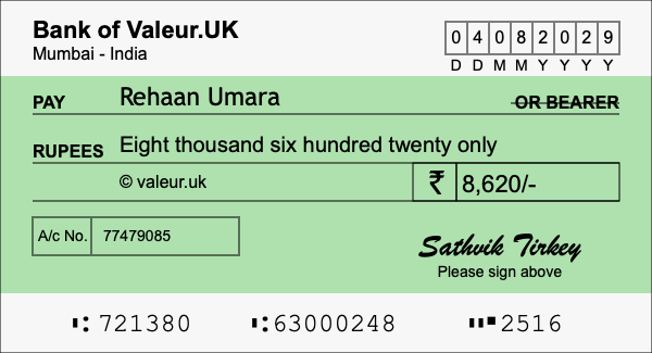 How to write a cheque for 8,620 rupees