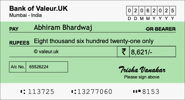 How to write a cheque for 8,621 rupees