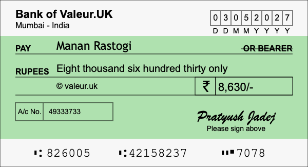 How to write a cheque for 8,630 rupees