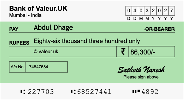 How to write a cheque for 86,300 rupees How to write a cheque for 86,300 rupees