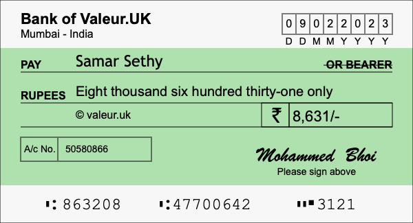 How to write a cheque for 8,631 rupees