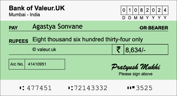 How to write a cheque for 8,634 rupees