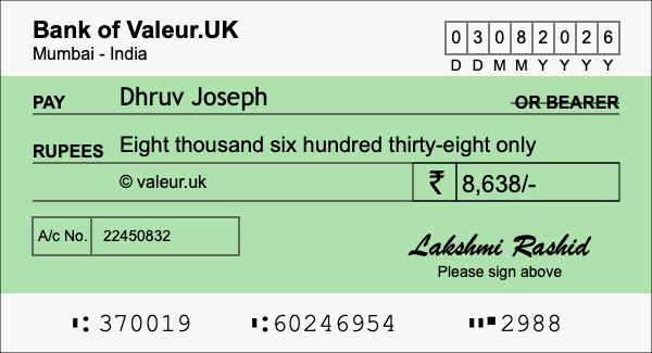 How to write a cheque for 8,638 rupees