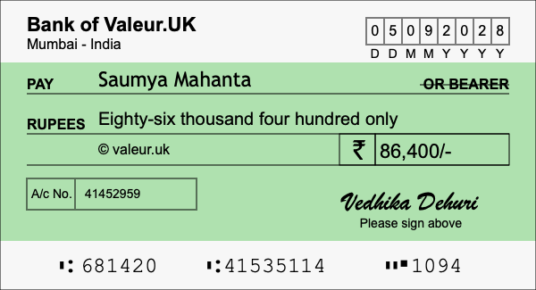 How to write a cheque for 86,400 rupees How to write a cheque for 86,400 rupees