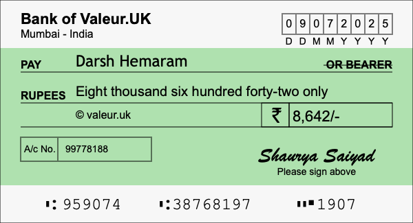 How to write a cheque for 8,642 rupees