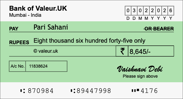 How to write a cheque for 8,645 rupees