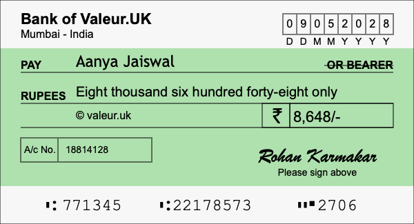 How to write a cheque for 8,648 rupees