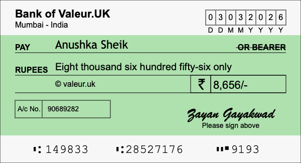 How to write a cheque for 8,656 rupees