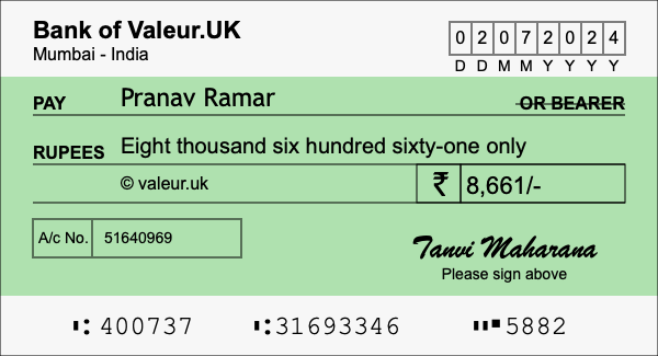 How to write a cheque for 8,661 rupees