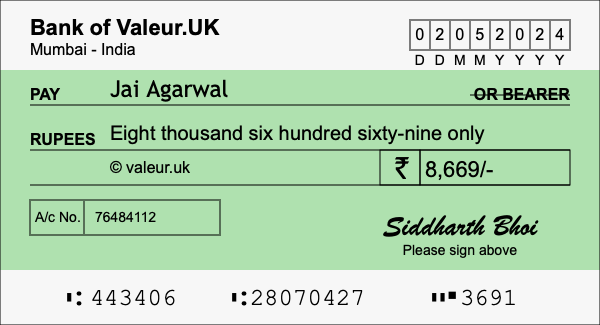 How to write a cheque for 8,669 rupees