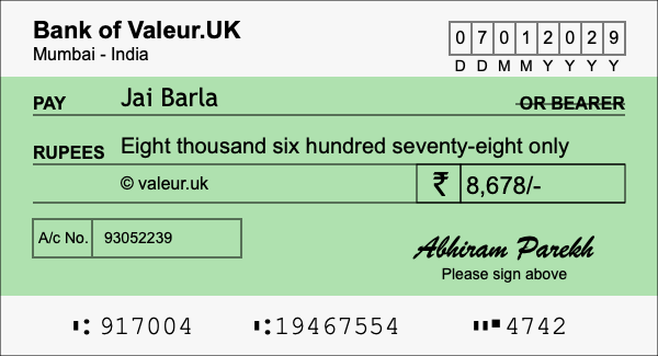 How to write a cheque for 8,678 rupees