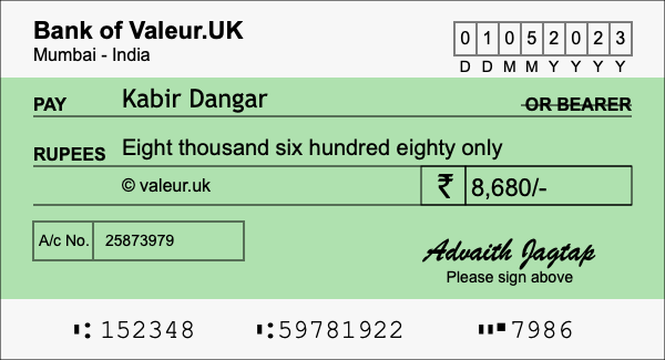 How to write a cheque for 8,680 rupees