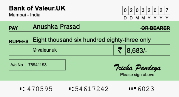 How to write a cheque for 8,683 rupees
