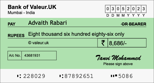 How to write a cheque for 8,686 rupees