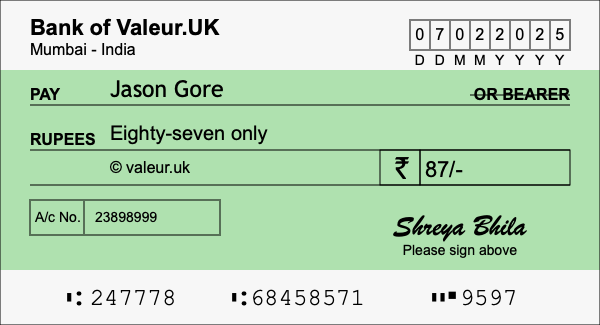 How to write a cheque for 87 rupees How to write a cheque for 87 rupees