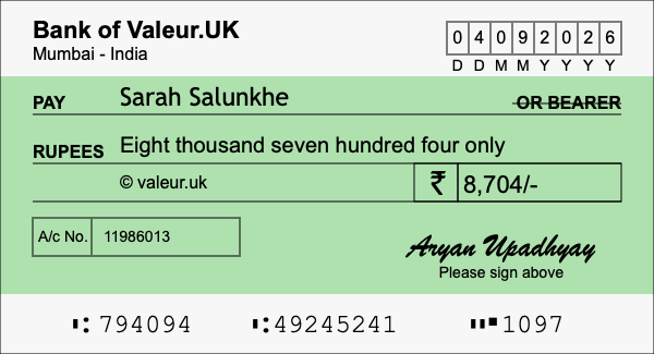 How to write a cheque for 8,704 rupees