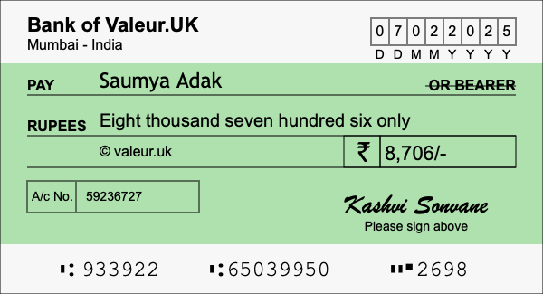 How to write a cheque for 8,706 rupees How to write a cheque for 8,706 rupees