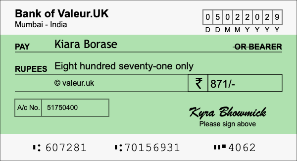 How to write a cheque for 871 rupees