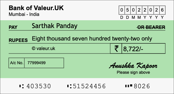 How to write a cheque for 8,722 rupees