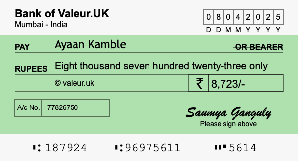 How to write a cheque for 8,723 rupees