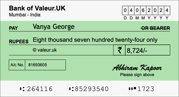 How to write a cheque for 8,724 rupees
