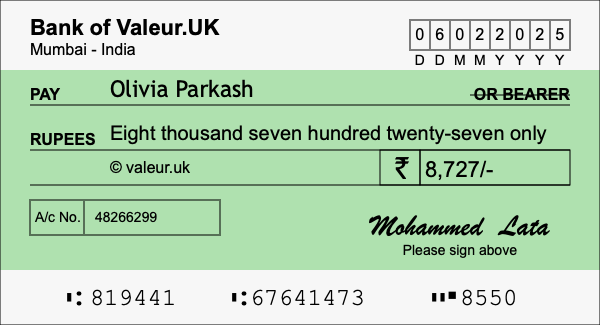 How to write a cheque for 8,727 rupees