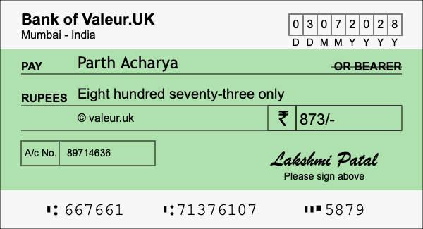 How to write a cheque for 873 rupees