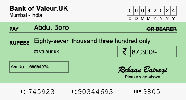 How to write a cheque for 87,300 rupees How to write a cheque for 87,300 rupees