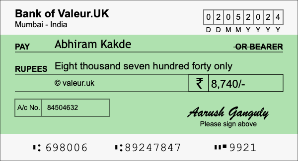 How to write a cheque for 8,740 rupees