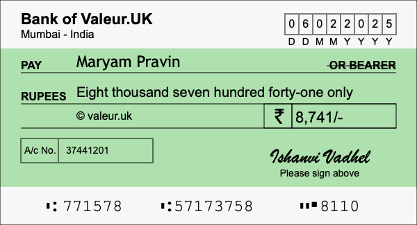 How to write a cheque for 8,741 rupees
