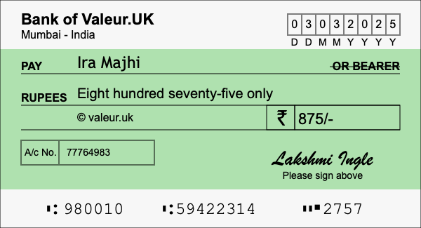 How to write a cheque for 875 rupees