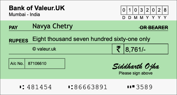How to write a cheque for 8,761 rupees