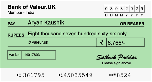 How to write a cheque for 8,766 rupees