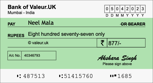 How to write a cheque for 877 rupees