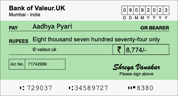 How to write a cheque for 8,774 rupees