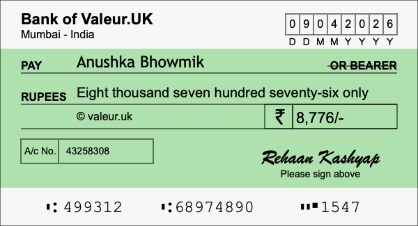How to write a cheque for 8,776 rupees