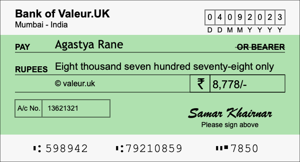 How to write a cheque for 8,778 rupees