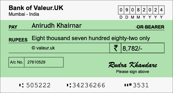 How to write a cheque for 8,782 rupees