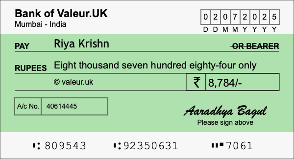 How to write a cheque for 8,784 rupees