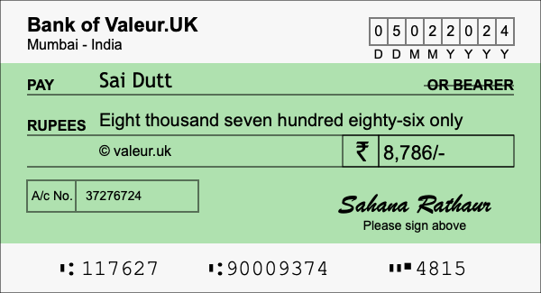 How to write a cheque for 8,786 rupees