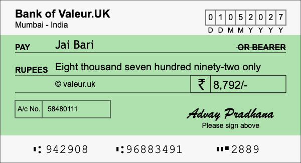 How to write a cheque for 8,792 rupees