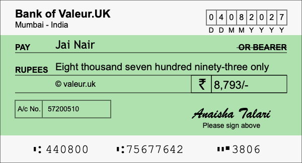 How to write a cheque for 8,793 rupees
