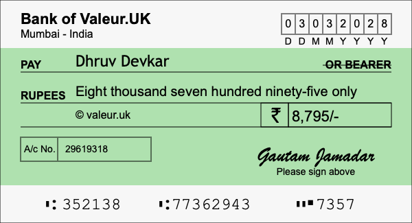 How to write a cheque for 8,795 rupees