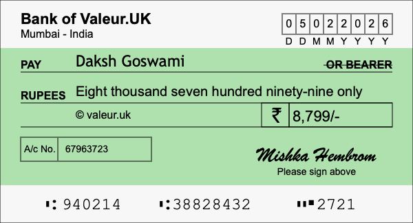 How to write a cheque for 8,799 rupees